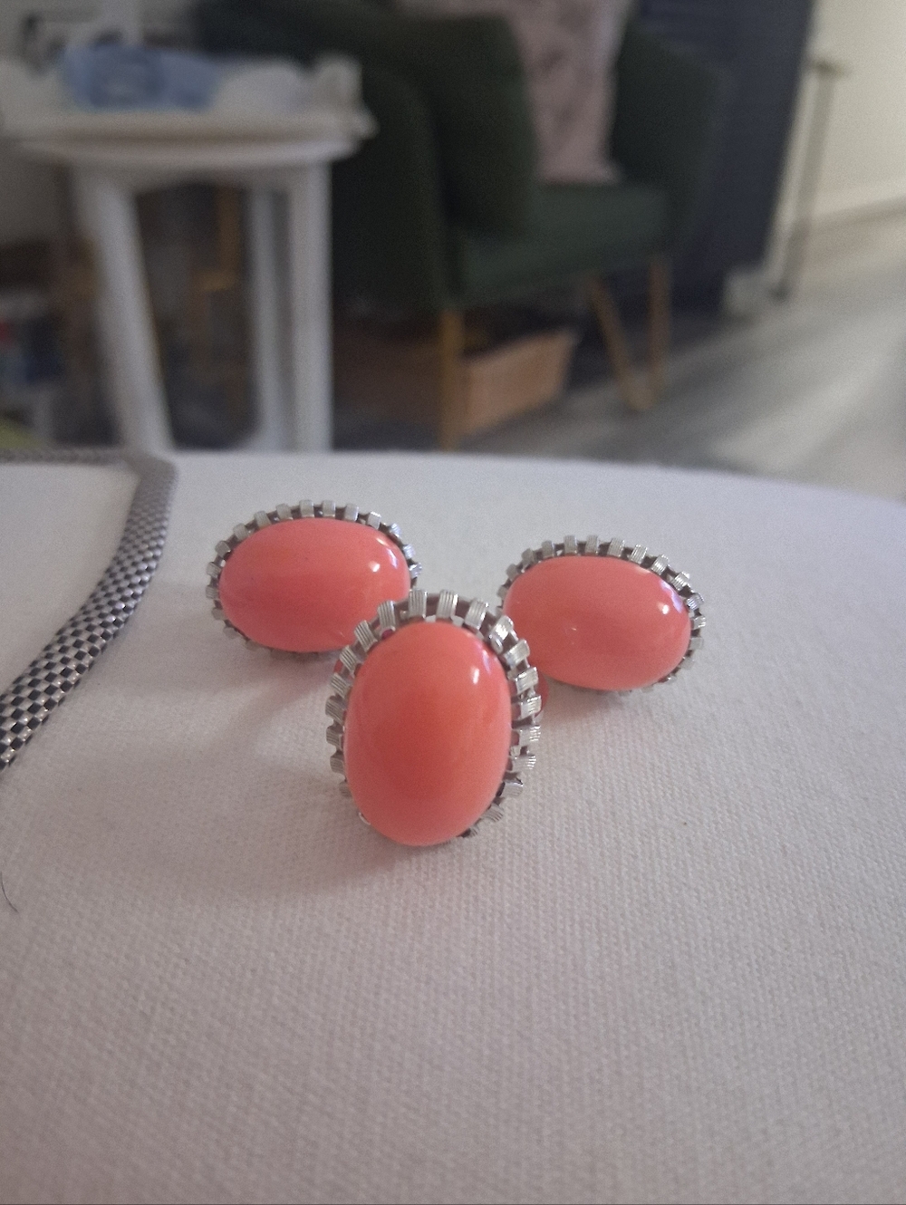 WIROS Vtg NOS Sterling Silver 925 Coral Pink Oval Ring and Earrings Set Spain